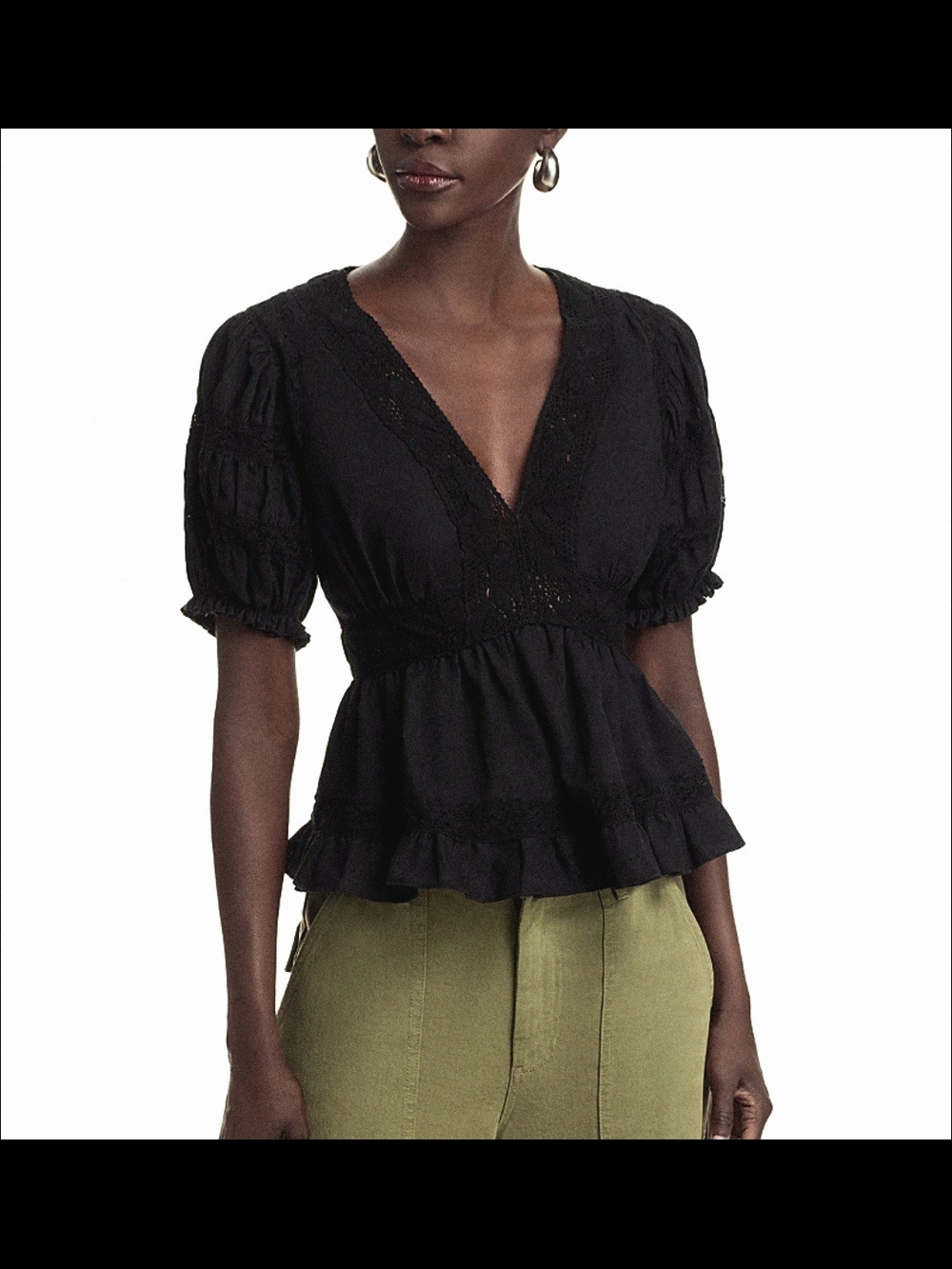 Aqua Black Lace-Trim Puff Sleeve Blouse